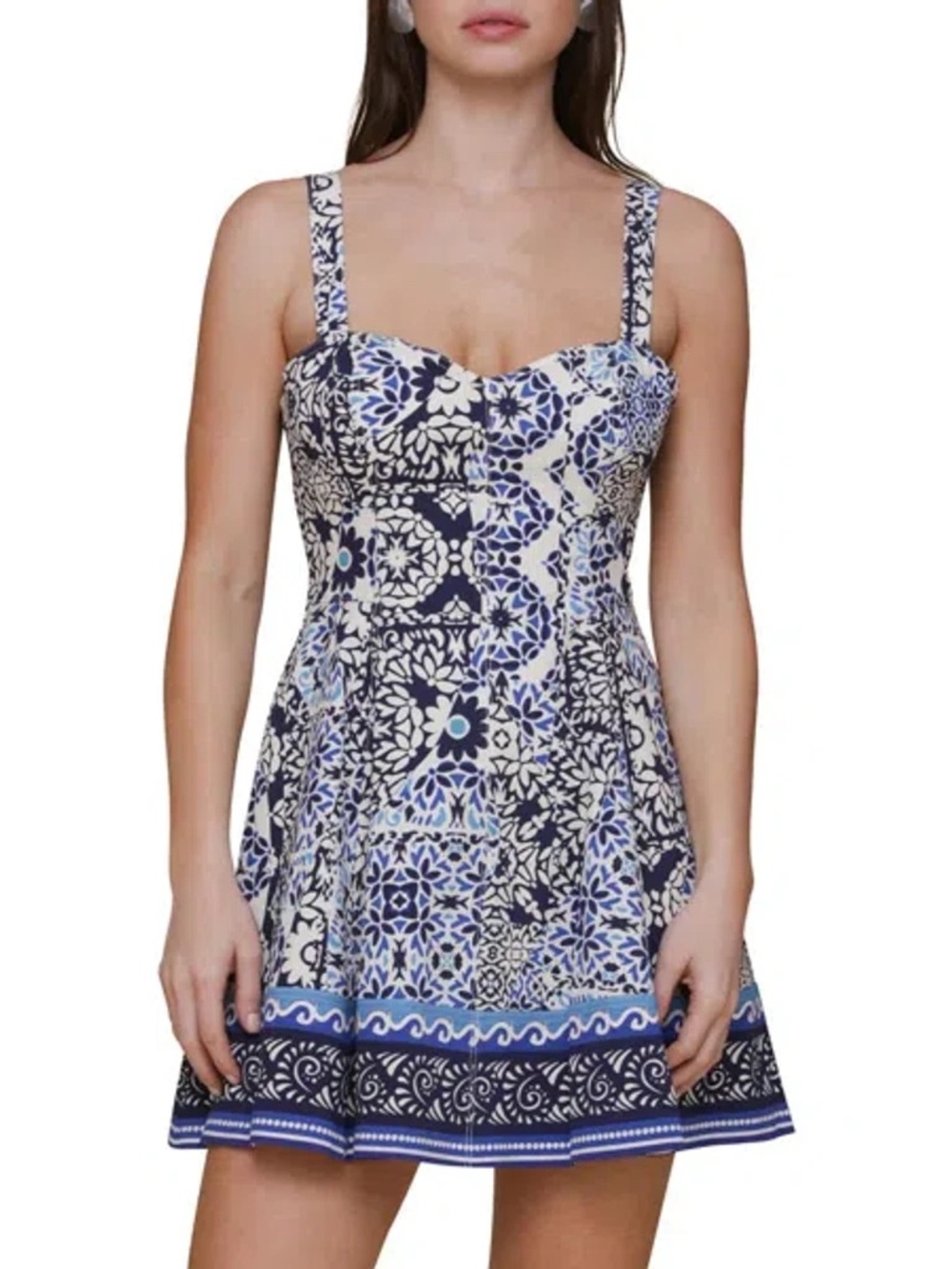 AVEC LES FILLES SWEETHEART NECK STRETCH COTTON MINI SUNDRESS IN BLUE